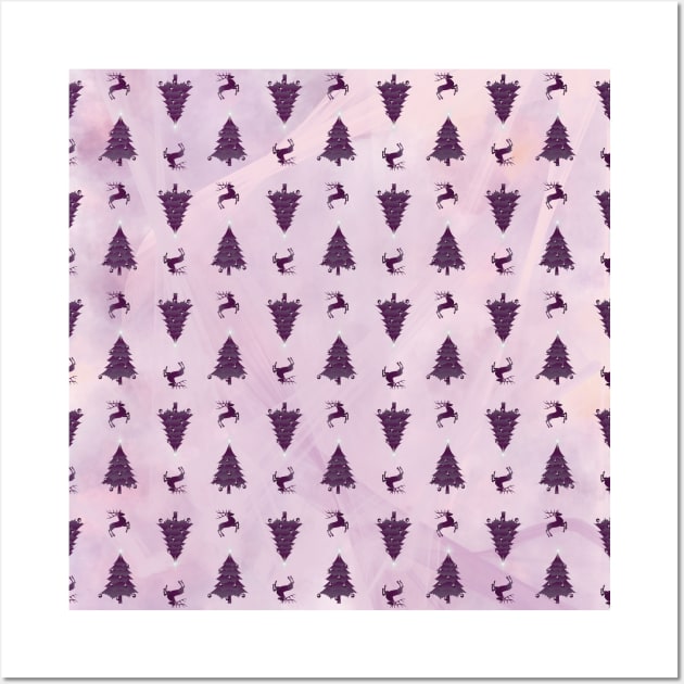 Pretty Plum Christmas Trees & Reindeer Pattern on Pink Peach Ombre Wall Art by karenmcfarland13